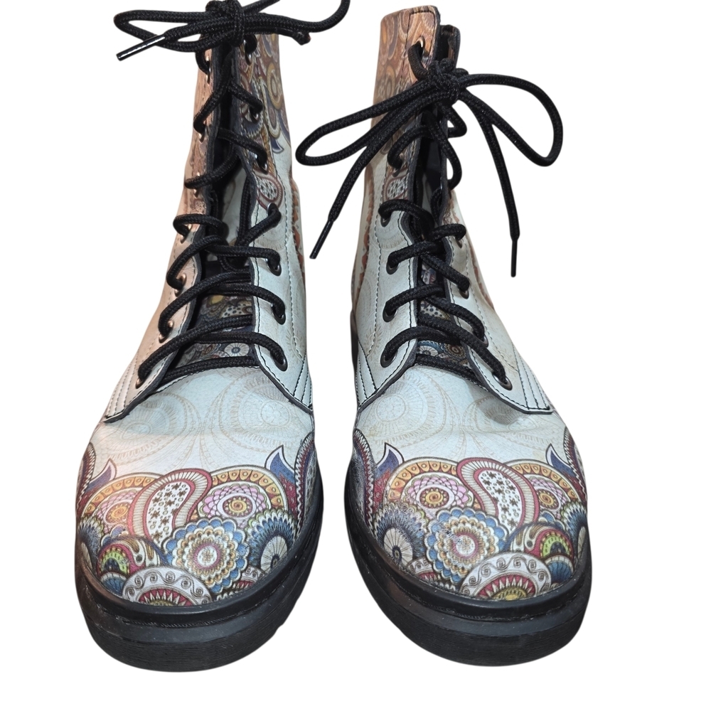 Yes We Vibe “Peace Mandala Light” Combat Boots Psychedelic Boho Vegan 9W 7.5M